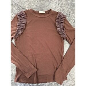 Doe And Rae Womens Faux Leather Ruffle Sleeve Ribbed Crewneck Chocolate Brown Lg